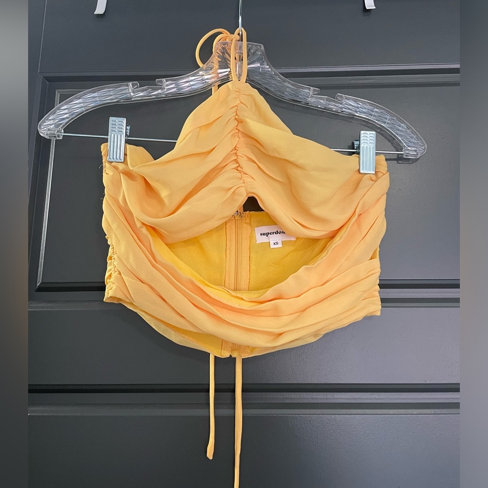 Gold superdown lace up halter crop top.